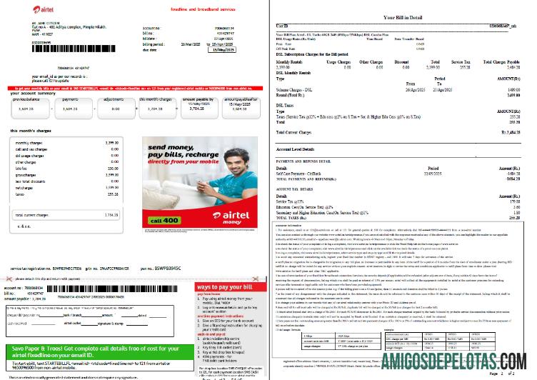 para download Modelo de fatura de serviços públicos da India Airtel em formatos Word e PDF, 2 páginas, versão 2